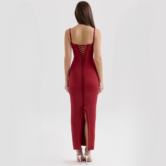 House of CB NWT Red Romy Mesh Corset Bodycon Maxi Dress SMALL REG CUP - Picture 5 of 12